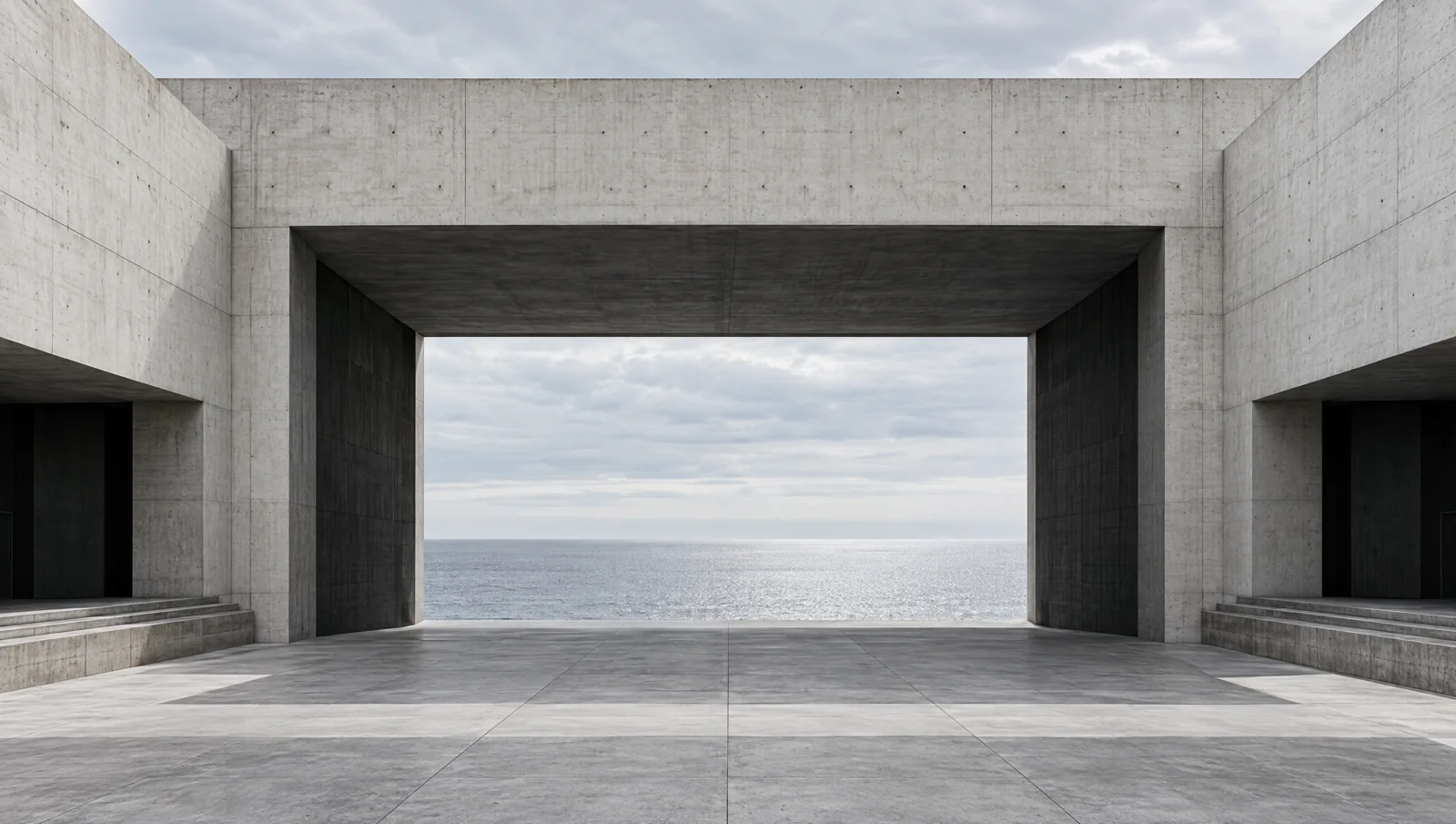 Pale concrete building overlooking the sea, an image generated for a concept study